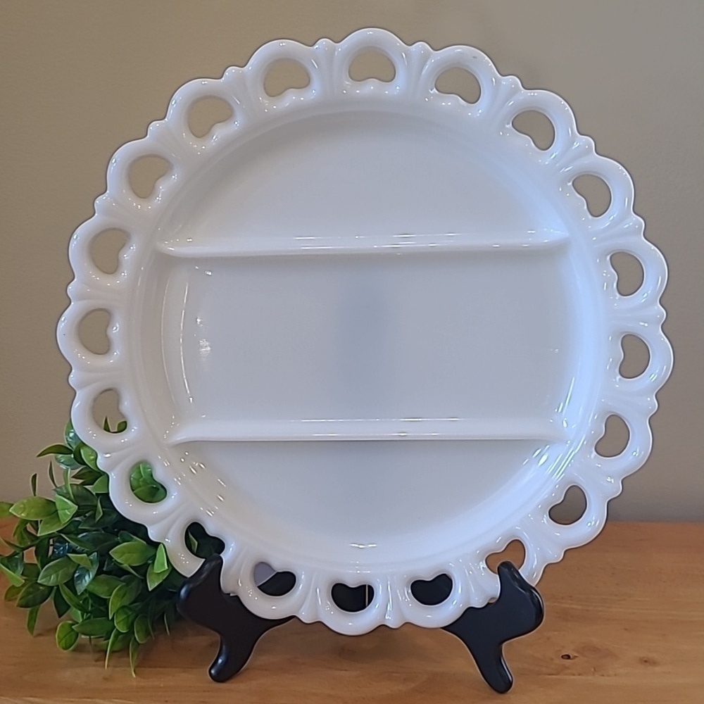 VINTAGE Milk Glass Divided Serving Platter, Scalloped Edge Heart Detail